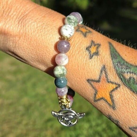 Egyptian Eye of Horus Plum Tourmaline Tree Agate Gemstone Bracelet - Picture 4 of 6